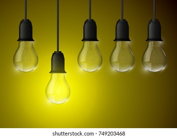 Light bulb illuminated, realistic vector illustration. stylish Light bulb conceptual digital idea design background.