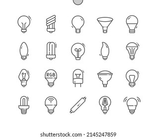 Light bulb. Illumination. Different style of bulb. Pixel Perfect Vector Thin Line Icons. Simple Minimal Pictogram