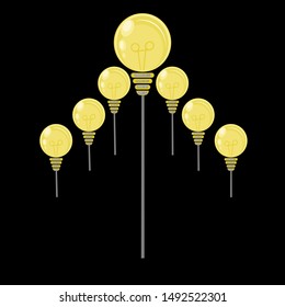 Light bulb illustration Arranged as arrows on a black background,creativity with a bright image that leads the way to success with leadership