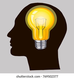 Light bulb illustration with concept of idea. High quality original realistic light bulb or lamp in humans head. Brainstorm or solution concept