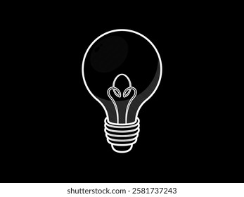 Light bulb illustration design, symbol of an idea, electric bulb of lighting, symbol of creative thinking, innovation, vector icon in white outline style only isolated on black background