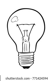 Light bulb incandescent wire type created in cartoon comic like style. Handmade drawing of an object using simple, fluid, black lines and outlines. Illustration associated with light, inspiration.