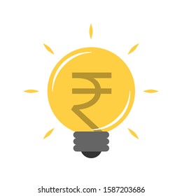 Light bulb and Indian rupee sign. Concept of earning money. Flat illustration. Isolated on white background. 