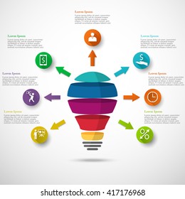Light bulb infographic with arrows, icons and text. Template for circle diagram, graph, presentation and round chart. Business concept with 7 options, parts, steps, processes. 