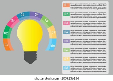 infografía de bombilla de luz, plantilla de infografía de ocho opciones para explicadores de negocios o educación