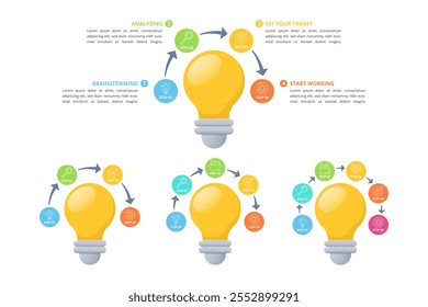 Elementos infográficos de lâmpada com vários passos para apresentação de negócios, cartaz, banner e livreto.