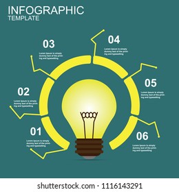 Light bulb infographic. Idea chart with 6 steps, parts.