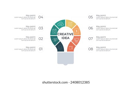 Light bulb infographic. Idea chart with 8 steps, parts.