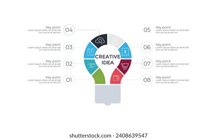 Light bulb infographic. Idea chart with 8 steps, parts.