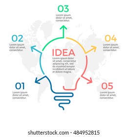 Light bulb infographic. Idea chart with 5 steps, parts.