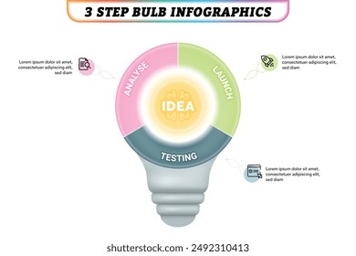 Light Bulb Infographic Template with 3 Options, Steps, Parts, Segments. Business Concept. Marketing Infographic Vector Illustration.