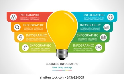 light bulb infographic Vector. Business idea lamp concept, with 8 steps, presentation, information, brainstorm, modern,