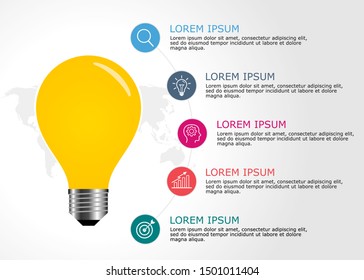 light bulb infographic Vector. Business idea lamp concept, with 5 steps, presentation, information, brainstorm,