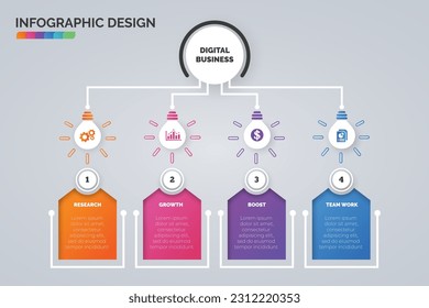 Lichtblitze-Bildmaterial-Vorlage und Business-Icons-Vektorgrafik. Geschäftskonzept mit 4 Optionen, Schritten, Präsentationsprozess, Layout, Diagramm, Jahresbericht