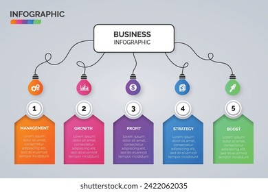 Light bulb infographic visualization template and business icons vector. Business concept with 5 options, steps, process for presentation, layout, diagram chart, anual report