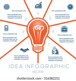 Light bulb infographics template on seven positions possible to use for workflow, banner, diagram, web design, timeline, area chart