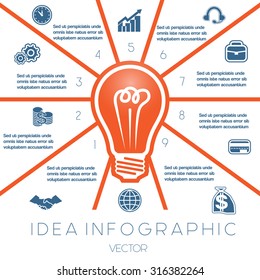 Light bulb infographics template on ten positions possible to use for workflow, banner, diagram, web design, timeline, area chart