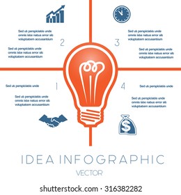 Light bulb infographics template on four positions possible to use for workflow, banner, diagram, web design, timeline, area chart