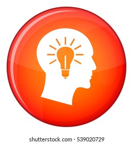 Light bulb inside head icon in red circle isolated on white background vector illustration