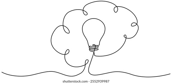 Bombilla dentro del cerebro humano dibujo de líneas continuas. Concepto de sabiduría. Símbolo de idea creativa y perspicacia. Signo de Propiedad intelectual. Ilustración vectorial aislada en blanco.