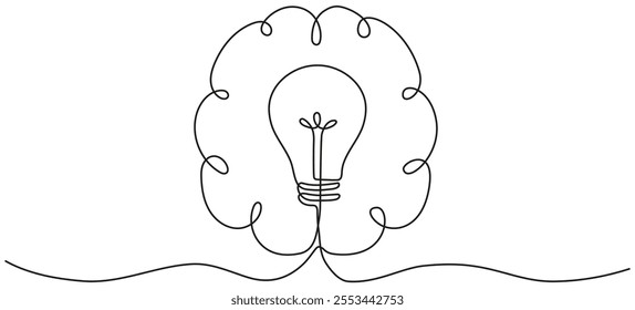 Light bulb inside human brain continuous line art drawing. Wisdom concept. Creative idea and insight symbol. Intellectual property sign. Vector illustration isolated on white.