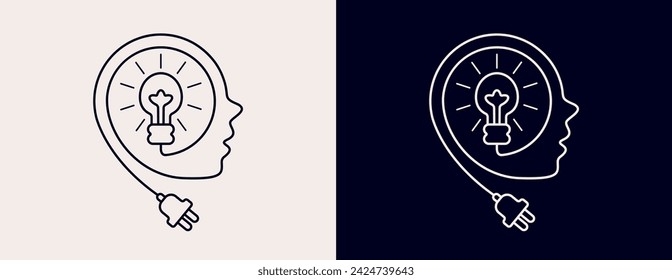 A light bulb inside a human head. Graphic linear sign, symbol and metaphor for learning, mind, creativity, development. Isolated design element for logo, icons, etc. Vector illustration in two colors.