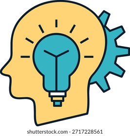 Lâmpada dentro da forma da cabeça humana com engrenagem simbolizando a criatividade da inovação do processo de geração de ideias. Representa a sabedoria da solução do pensamento inteligente.