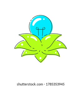 Light bulb inside of lotus flower petals isolated on white background. Green energy, renewable energy concept. Flat style vector illustration