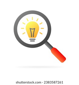 A light bulb inside a magnifying glass. Flat, color, search for ideas, burning lamp, magnifying glass. Vector icon