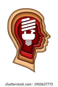 Light bulb inside the paper head. Paper style. Vector illustration.