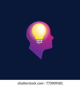 light bulb inside people's head, creative brain, bright idea vector illustration