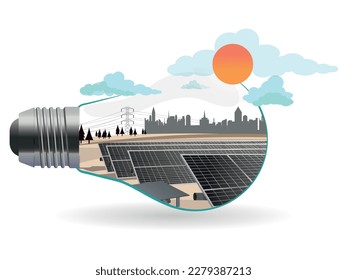 Light bulb and inside a photovoltaic plant with solar panels lined up on the ground surrounded by sun and clouds. 