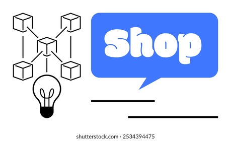 Light bulb, interconnected cubes, and the word Shop in a speech bubble. Ideal for e-commerce, retail, innovation, blockchain, technology, and online business. Simple minimalistic style