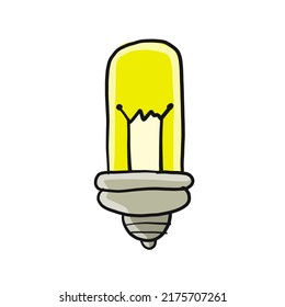 Bombilla aislada en blanco. Estilo de caricatura. Arte de mano plana. Símbolo de creatividad, innovación, inspiración, invención e idea. Esbozo para tu diseño. Ilustración del vector