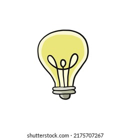 Bombilla aislada en blanco. Estilo de caricatura. Arte de mano plana. Símbolo de creatividad, innovación, inspiración, invención e idea. Esbozo para tu diseño. Ilustración del vector