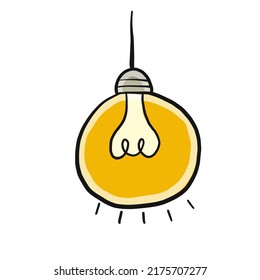 Light bulb isolated on white. Cartoon style. Flat hand drawn art. Symbol of creativity, innovation, inspiration, invention and idea. Sketch for your design. Vector illustration