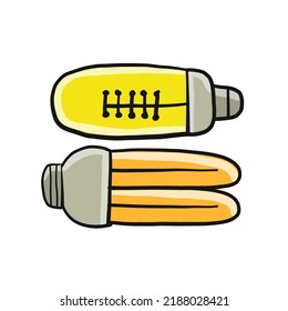 Bombilla aislada en blanco. Estilo de caricatura. Arte de mano plana. Símbolo de creatividad, innovación, inspiración, invención e idea. Esbozo para tu diseño. Ilustración del vector