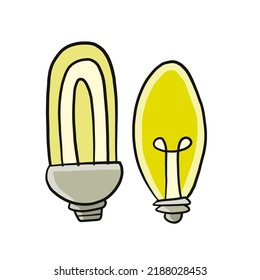 Light bulb isolated on white. Cartoon style. Flat hand drawn art. Symbol of creativity, innovation, inspiration, invention and idea. Sketch for your design. Vector illustration