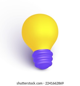 Light bulb isolated on white background. 3d isometric, solution innovative technology. Creative idea concept icon. Pictogram of electric bright lamp yellow light, purple contact. Vector illustration 