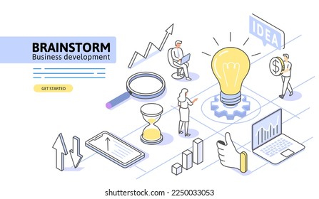 light bulb Isometric idea vector. Business creativity and team work