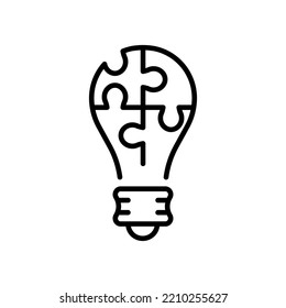 Light Bulb with Jigsaw Puzzle Idea Line Icon. Innovation, Inspiration, Think, Lamp Symbol. Lightbulb and Game Pictogram. Solution Concept Outline Icon. Editable Stroke. Isolated Vector Illustration.