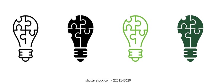 Light Bulb with Jigsaw Puzzle Idea Line and Silhouette Icon Color Set. Innovation, Inspiration, Think. Lightbulb and Game Solution Symbol Collection on White Background. Isolated Vector Illustration.