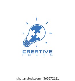 Light bulb with jigsaw puzzle pieces inside. Creative ideas logo template. Vector illustration.