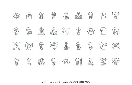 Light bulb and key, gear and money thin black outline symbols vector illustration. Creative idea, smart solution search and brainstorm, evolution of innovation and invention line icon set.