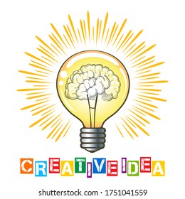 Light bulb lamp with brain inside creative idea concept. Vector illustration.