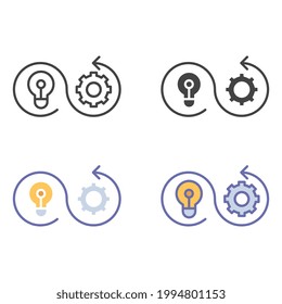Light Bulb, lamp, gear, arrow. Planning strategy and solution. Accomplishment, Сreature or execution. Creative solution. Implementation icon. Vector illustration. Design on white background. EPS10
