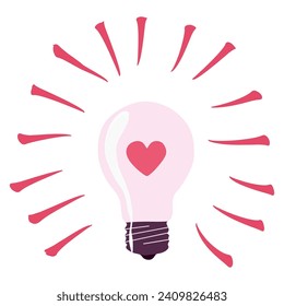 Light bulb lamp with heart icon inside in groovy retro style. Valentines day love symbol. Vector Flat or Cartoon style illustration. Love is Power concept. Romantic design element for Card, Poster.