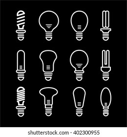 Light bulb and lamp icons on black background. Thin modern line vector illustration isolated on black background