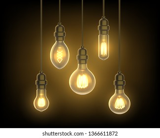 Light bulb or lamp, lantern on wire. Ceiling with fluorescent chandelier. Room interior background design. Modern lampshade. Electric or electrical energy advertising. House decoration