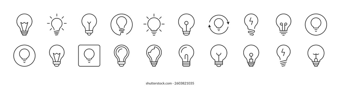 Light Bulb, Lamp Outline Icon Collection. Editable Stroke. Perfect for Infographics, Articles, Books, Flyers, Banners